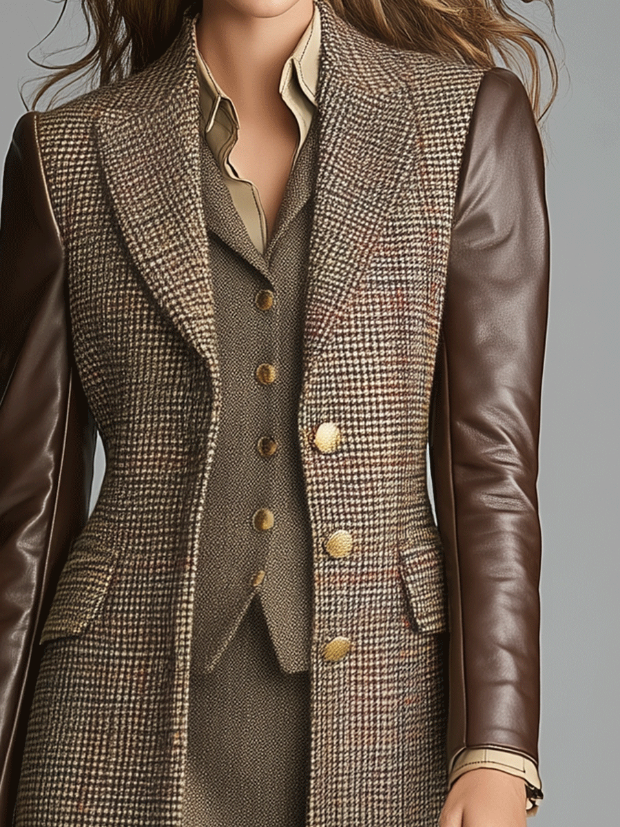 Classic Tweed And Leather Contrast Coat