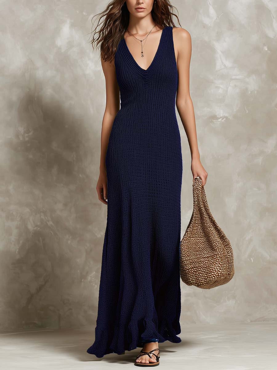 Vintage V-neck Fitted Knit Midi Dress