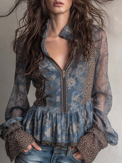 Vintage Leopard Print Floral Peplum Hem Chiffon Blouse