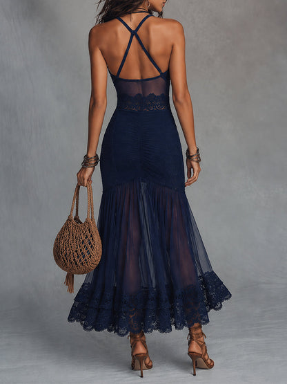 Romantic Boho Sheer Mesh Maxi Dress With Lace Trim