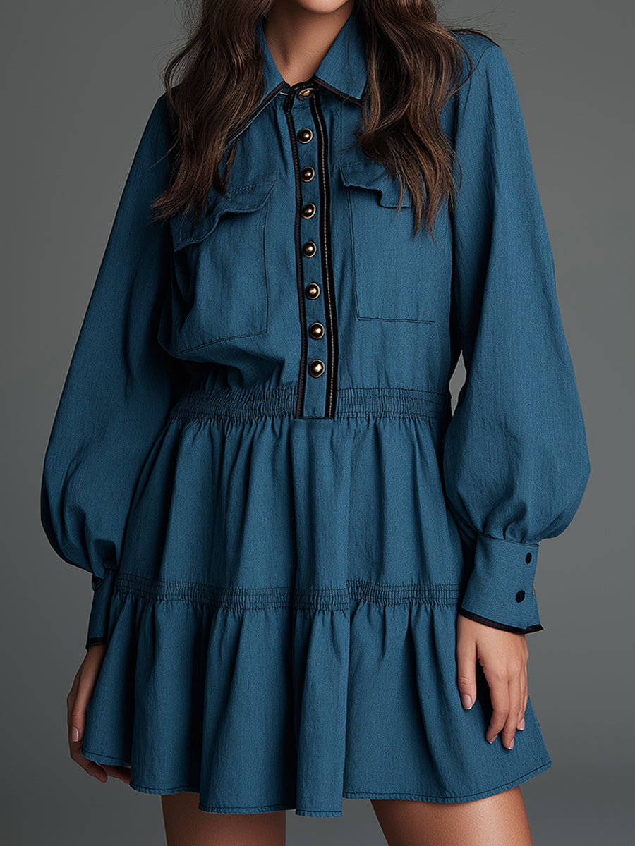 Retro Elegance Midnight Teal Structured Cotton-blend Mini Dress