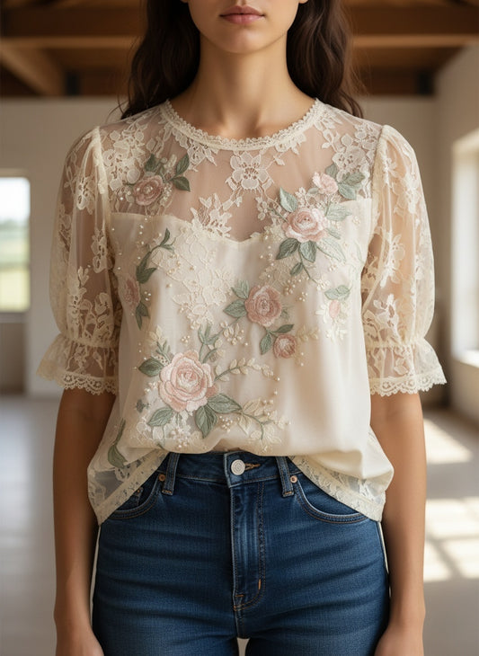 Elegant Embroidered Floral Lace Blouse for Women