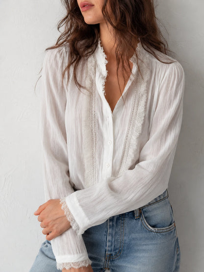 Vintage Lace Trim Long Sleeve Cotton Blouse