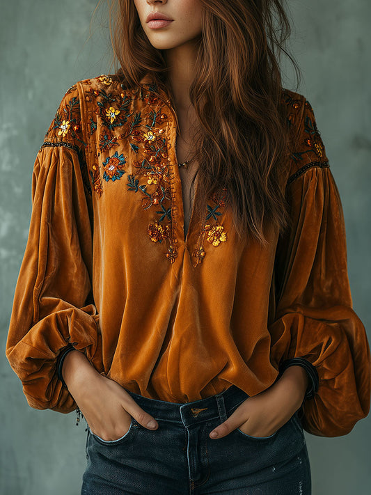 Boho Mustard Yellow Embroidered Velvet Blouse