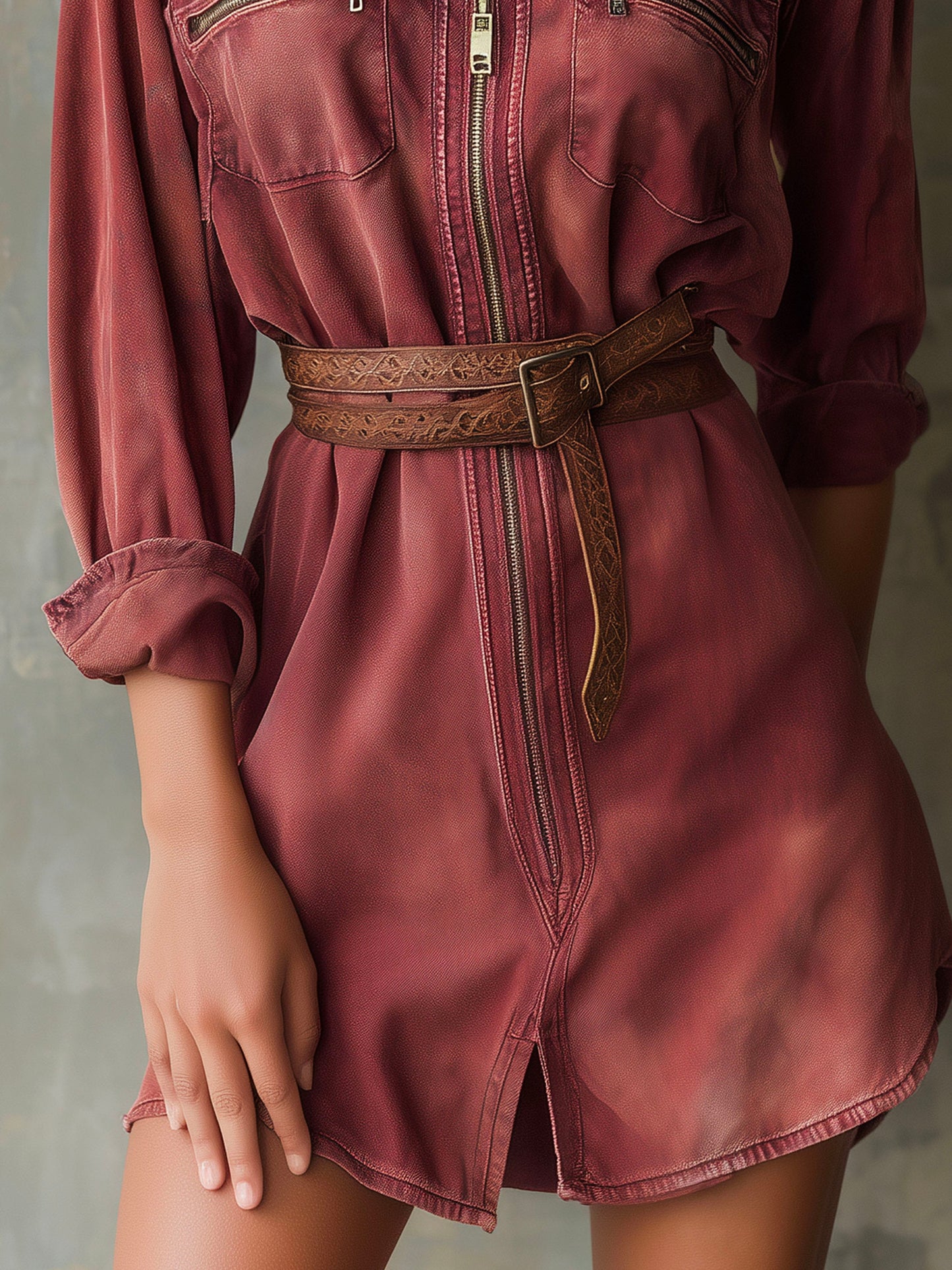 Vintage Burgundy Washed Denim Shirt Dress