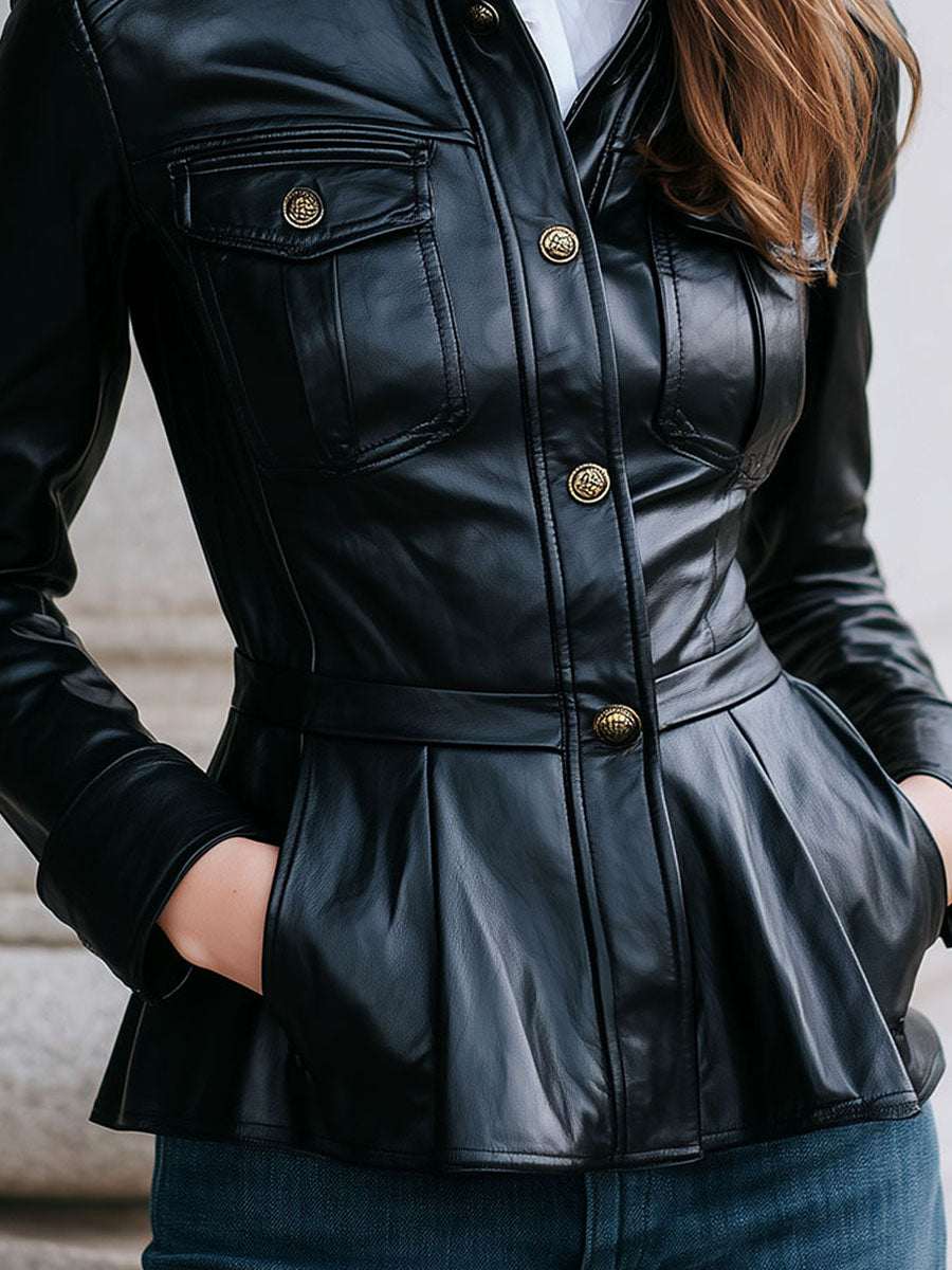 Black Fitted Stand Collar Eco Leather Peplum Jacket