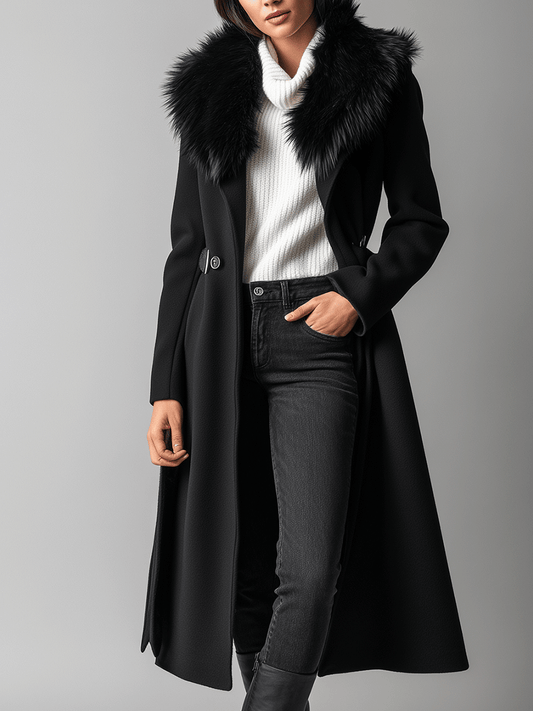 Elegant Black Wool Blend Faux Fur Collar Long Coat