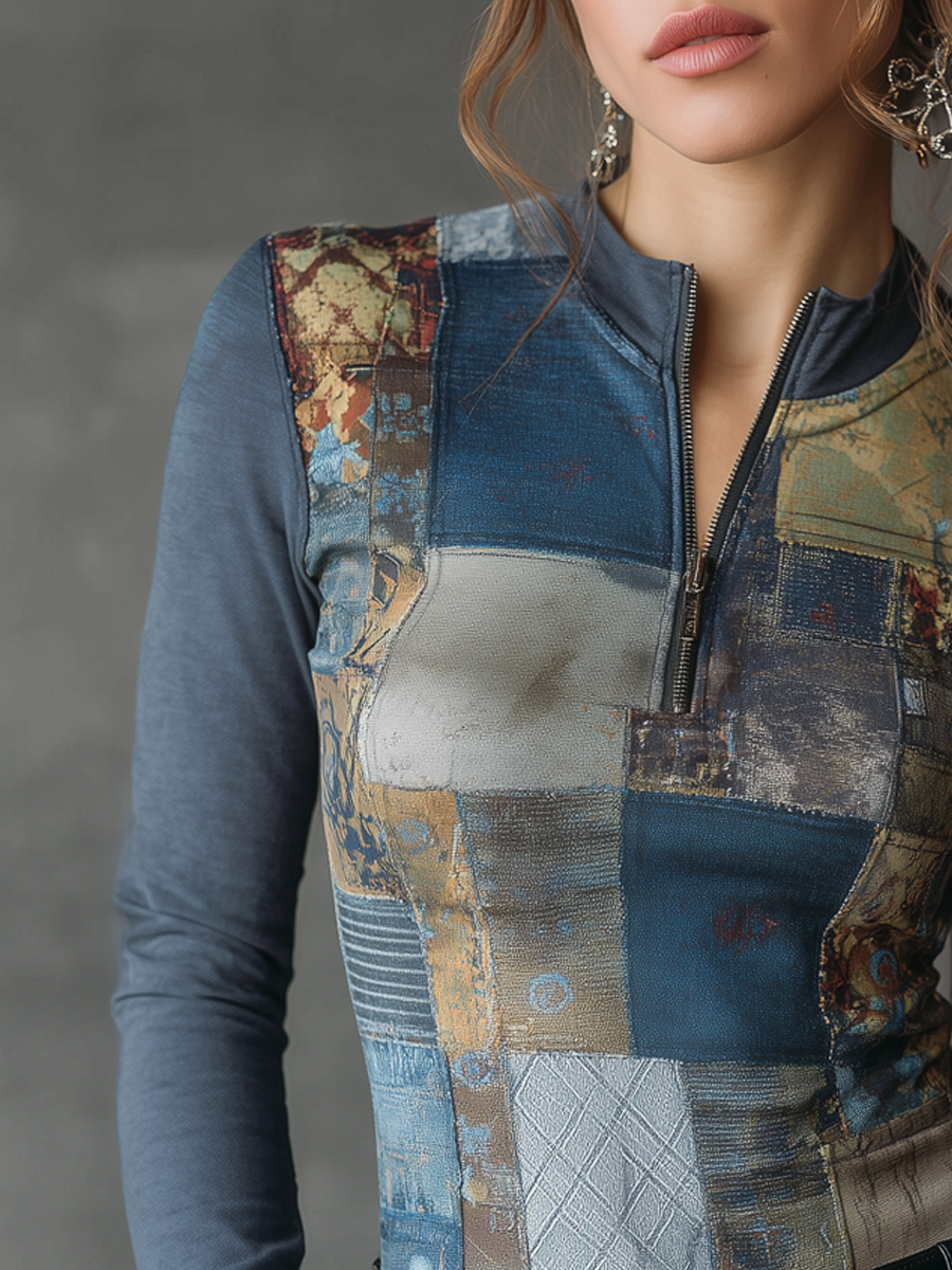 Vintage Zipper Neck Patchwork Long Sleeve Blouse
