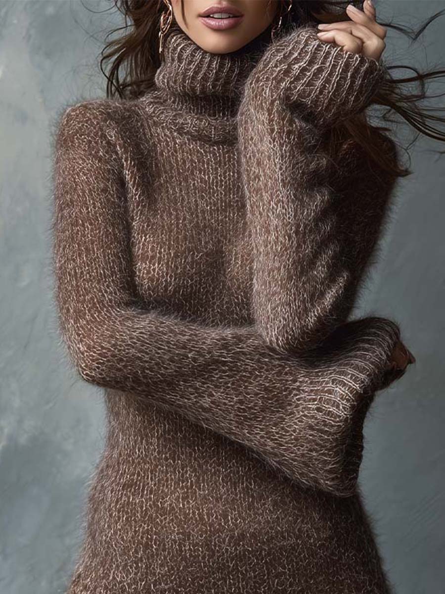 Soft Fluffy Knit Turtleneck Mini Dress