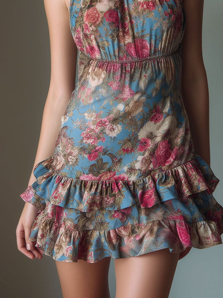 Romantic High Neck Floral Ruffled Halter Mini Dress
