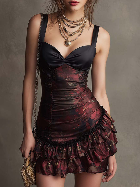 Vintage Glam Printed Satin Ruffle Hem Mini Dress