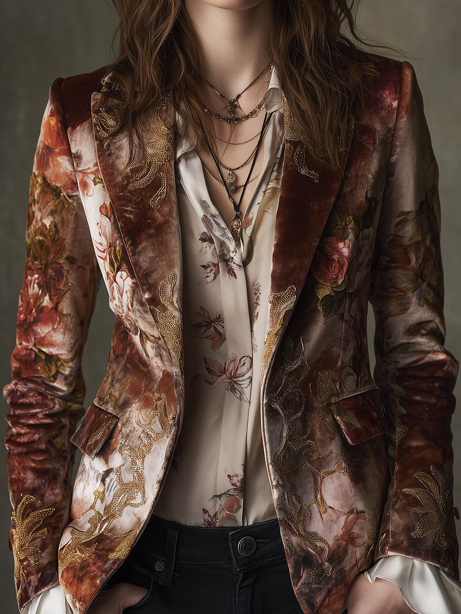 Quiet Luxury Velvet Printed Lapel Blazer