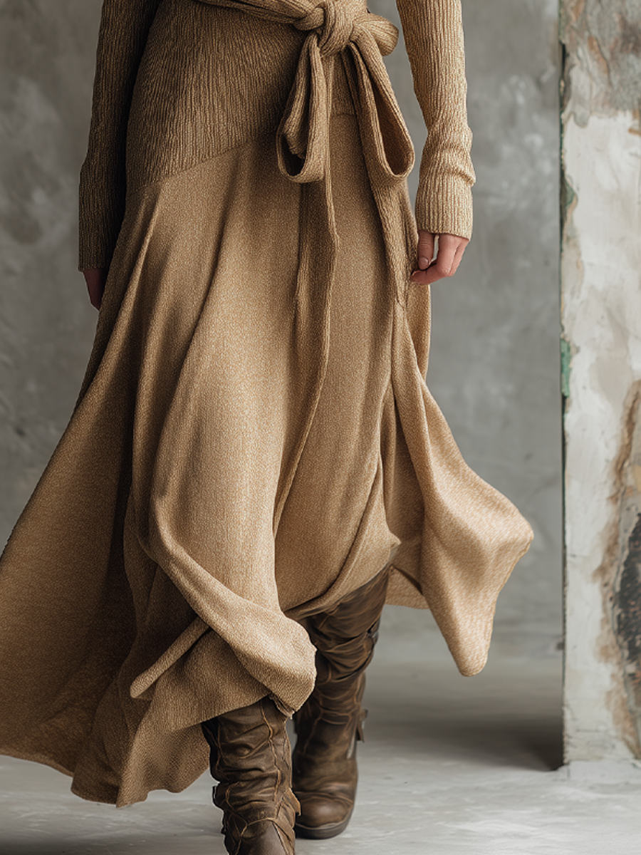 Retro Crossover Neck Knitted Mid-length Dress