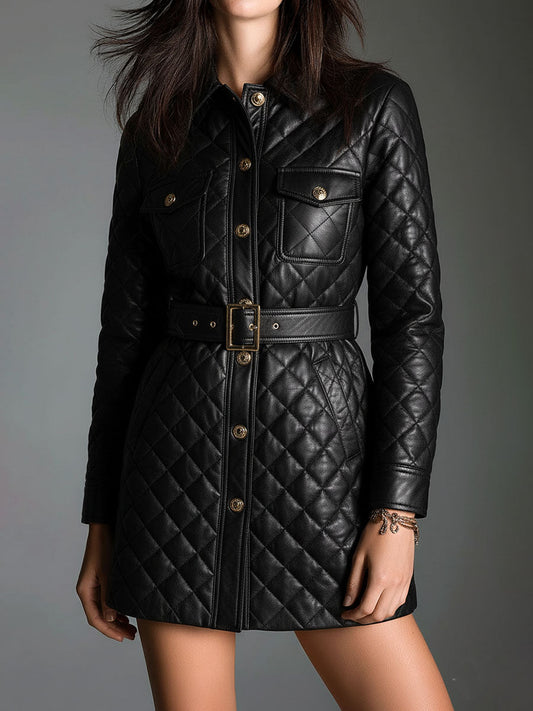 2-in-1 Diamond-quilted Padded Eco Leather Shirt Dress & Jacket