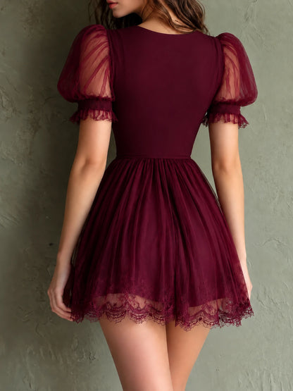 Romantic V-Neck Burgundy Lace And Tulle Bow Mini Dress