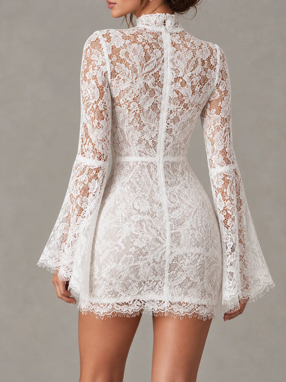 Boho Romantic White Lace High-Neck Mini Dress With Long Bell Sleeves