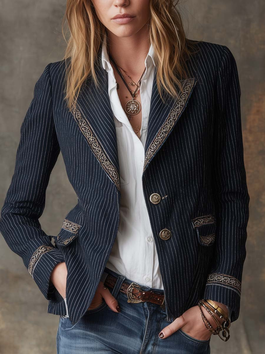 Retro Striped Embroidered Blazer