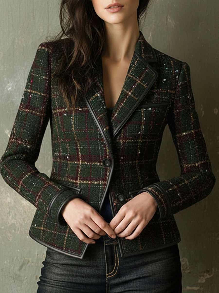 Classic British Plaid Tweed Blazer With Eco Leather Trim