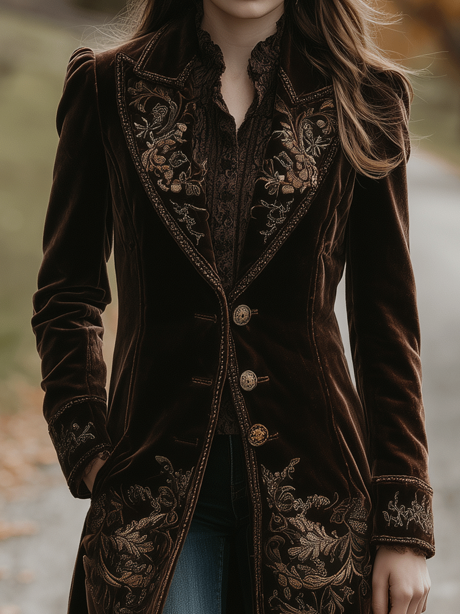Vintage Brown Velvet Embroidered Long Coat