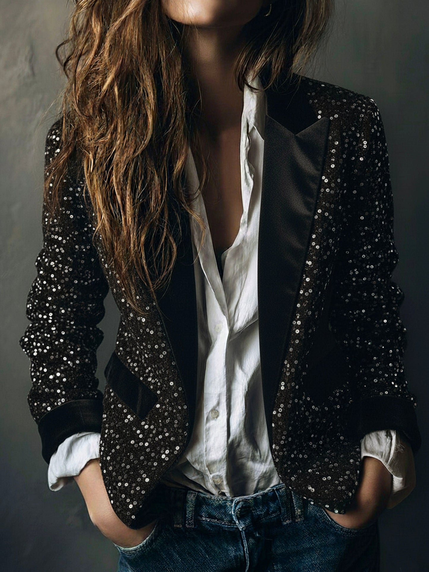 Chic Black Sparkling Sequin Velvet Tailored Blazer