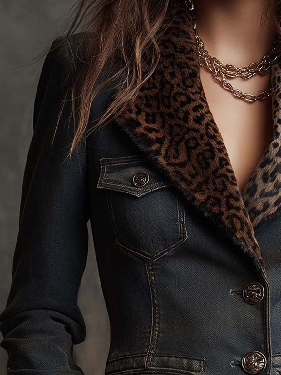 Washed Denim-Effect Suede Blazer With Leopard Faux Fur Collar