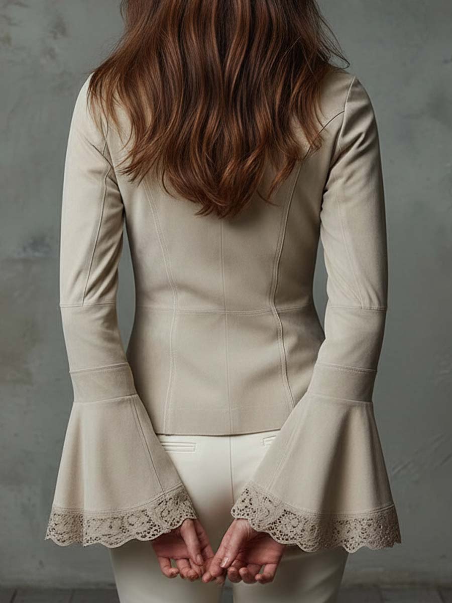 Lace-Trimmed Eco-Suede Fitted Jacket In Ivory Beige