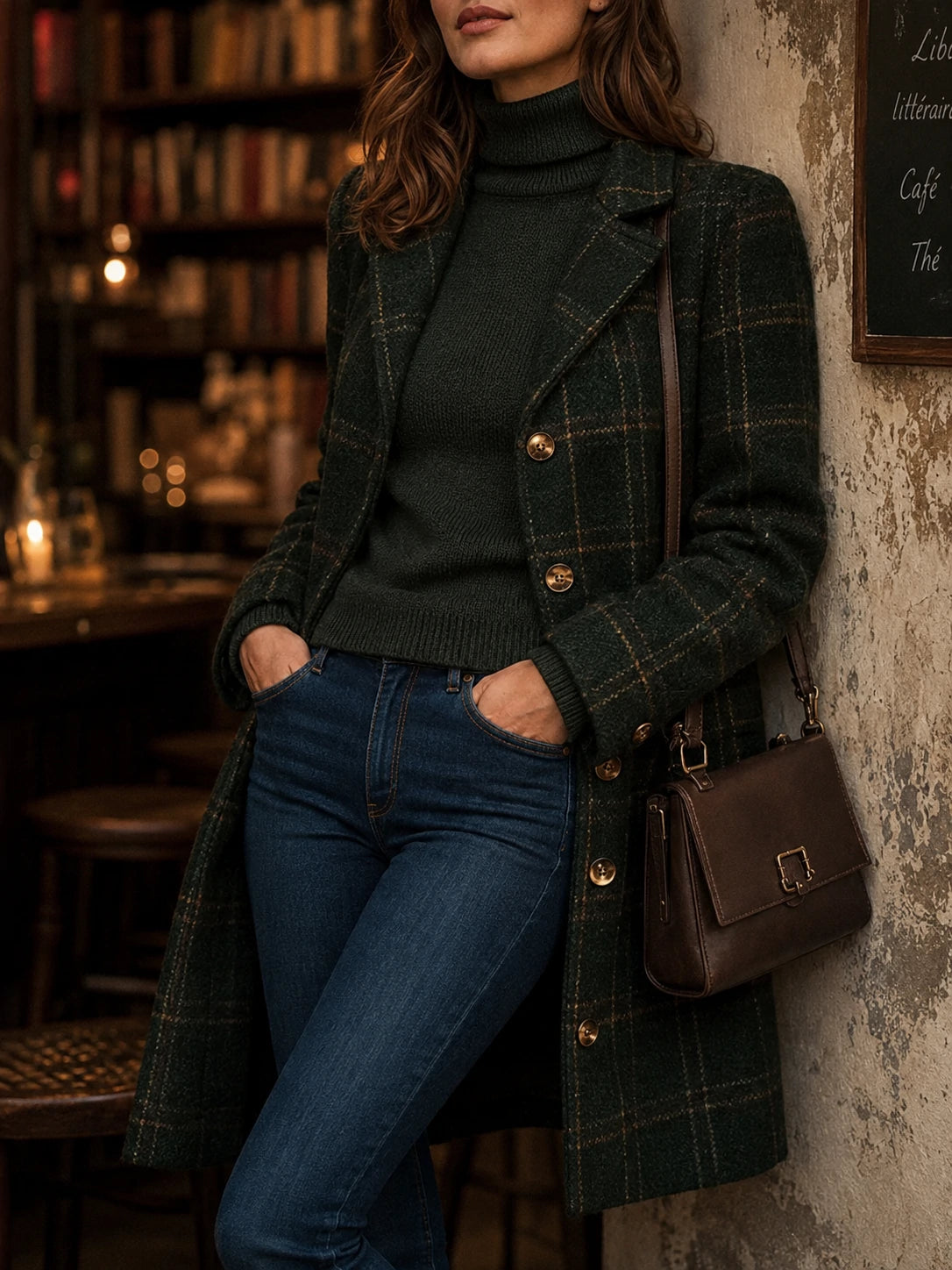 Women's Button Plaid Wool Coat