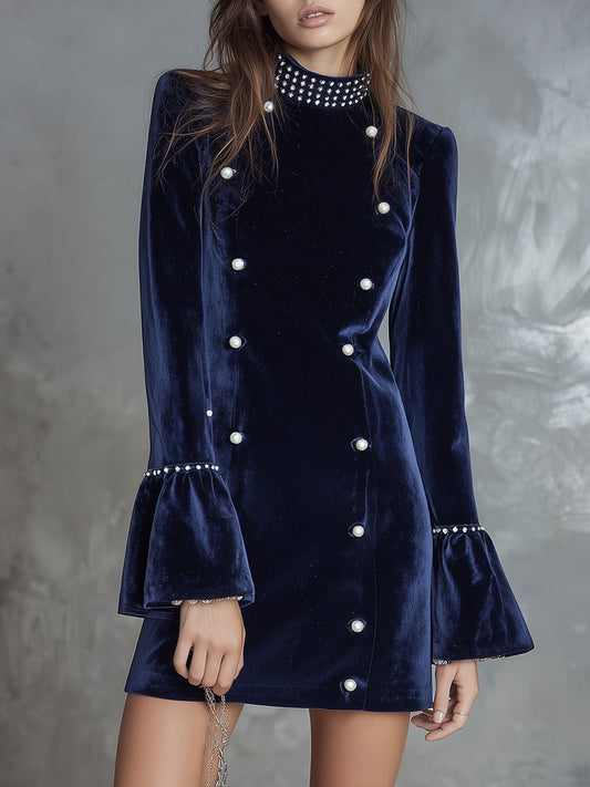 Retro Luxury Velvet Pearl Decorated Mini Dress