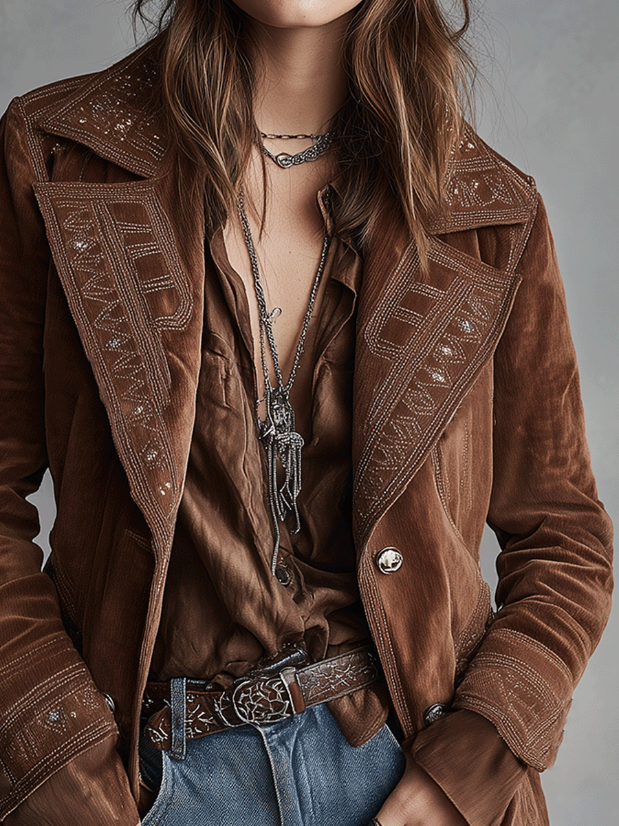 Vintage Brown Suede Western Stitch Detailing Jacket