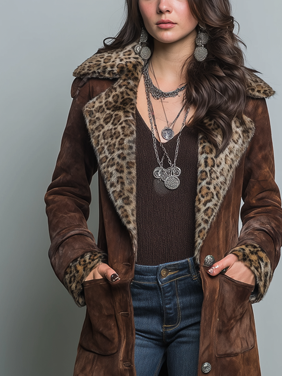 Retro Leopard Print Eco-friendly Fur Collar Polyester Suede Coat