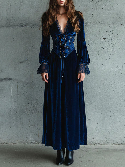 Deep Blue Velvet Corset Lace-Up Bodice Gown