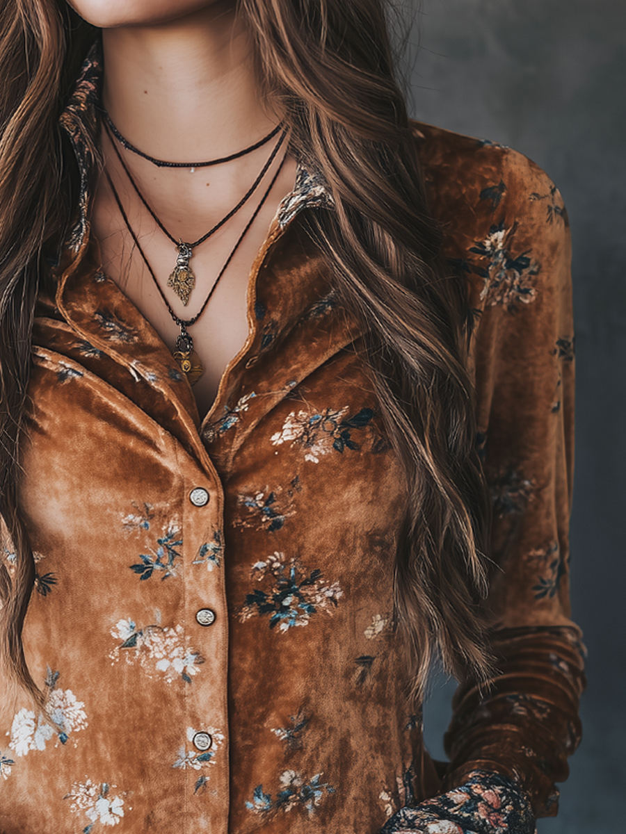 Vintage Floral Velvet Long-Sleeved Blouse