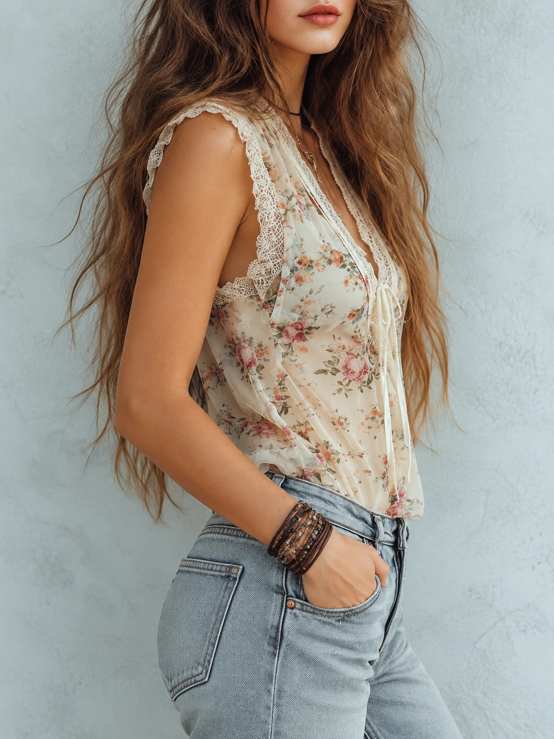 Romantic Floral Print Lace-Trim Sleeveless Chiffon Blouse