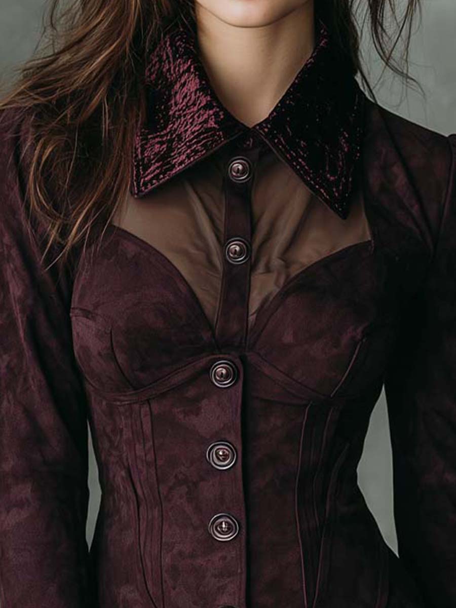 Mulberry Brown Velvet Collar Suede Dress Set