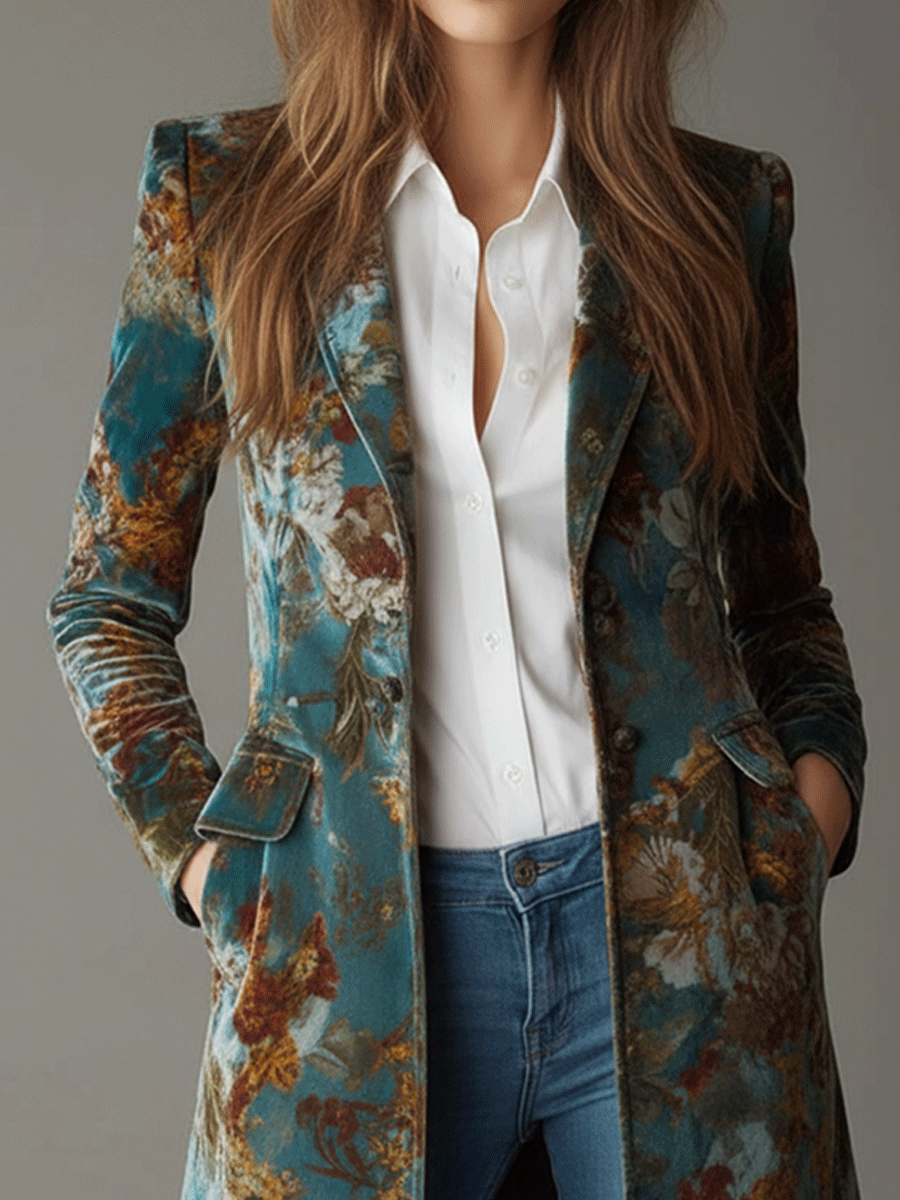 Vintage Floral Jacquard Velvet Teal Coat