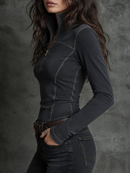 Vintage Washed Cotton Stand-collar Half-zip Long-sleeved T-shirt