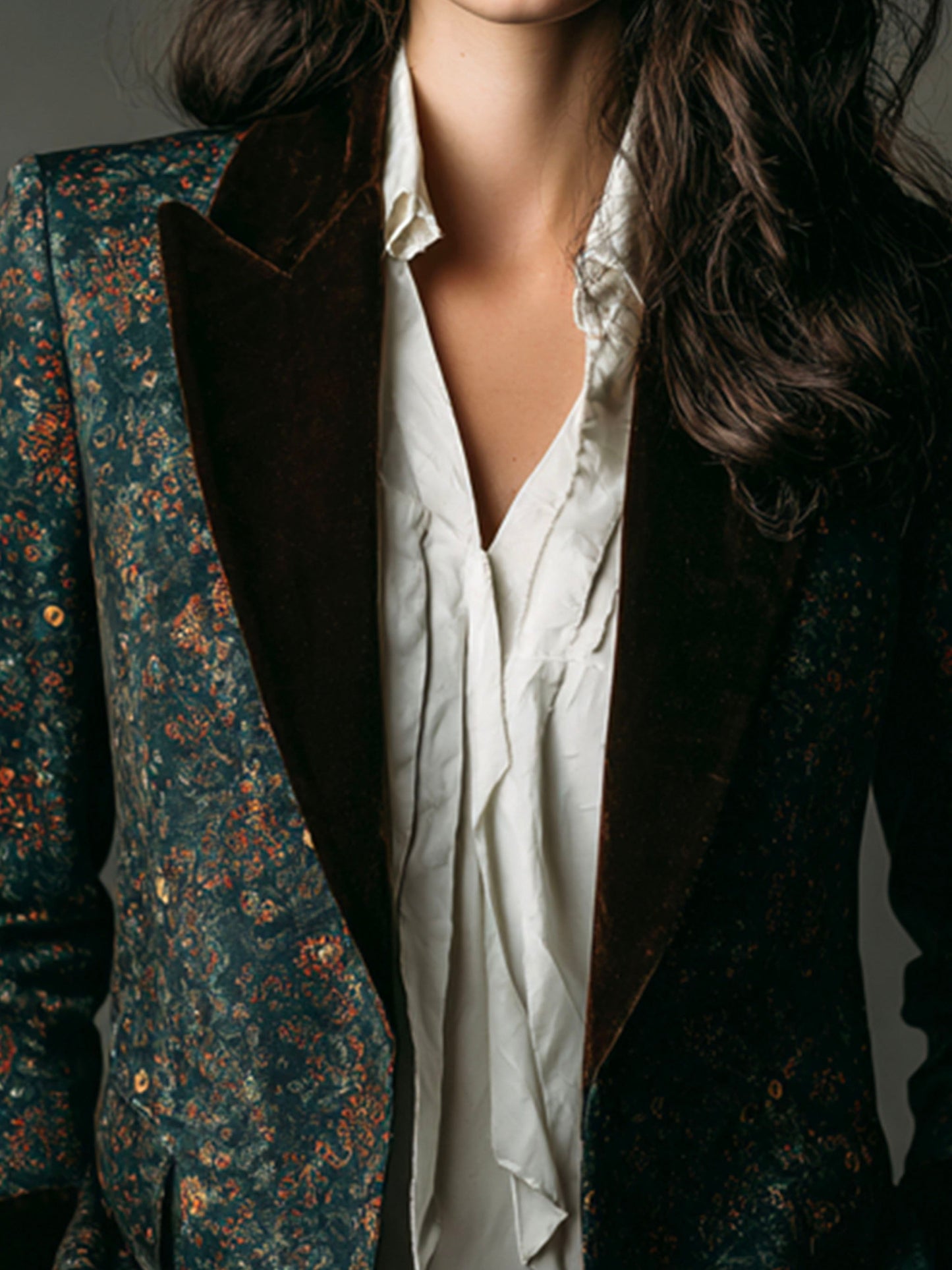 Vintage Emerald Floral Print Blazer With Velvet Lapels