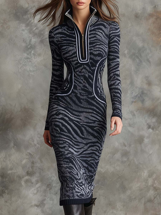 Zebra Jacquard Knit Bodycon Midi Dress