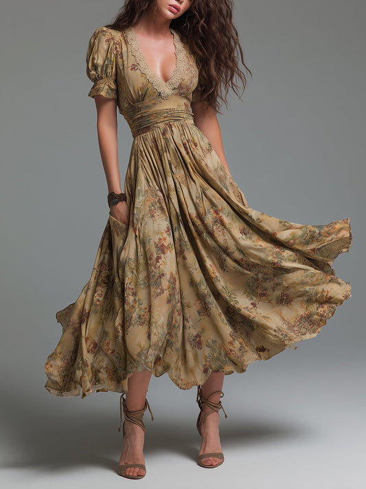 Vintage Oil Painting Print Short-sleeved Midi Dress With Lace Trim