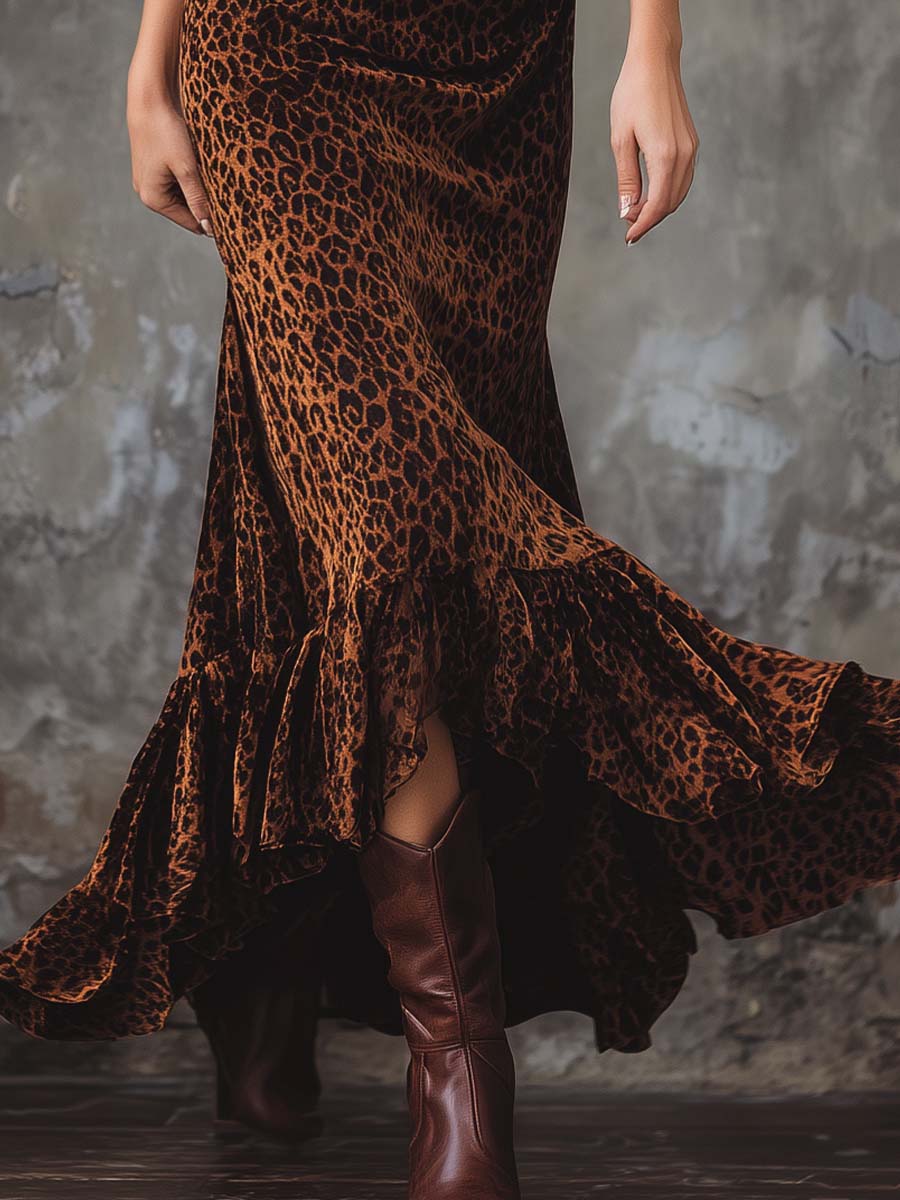 Caramel Velvet Leopard Print Wrap Maxi Dress