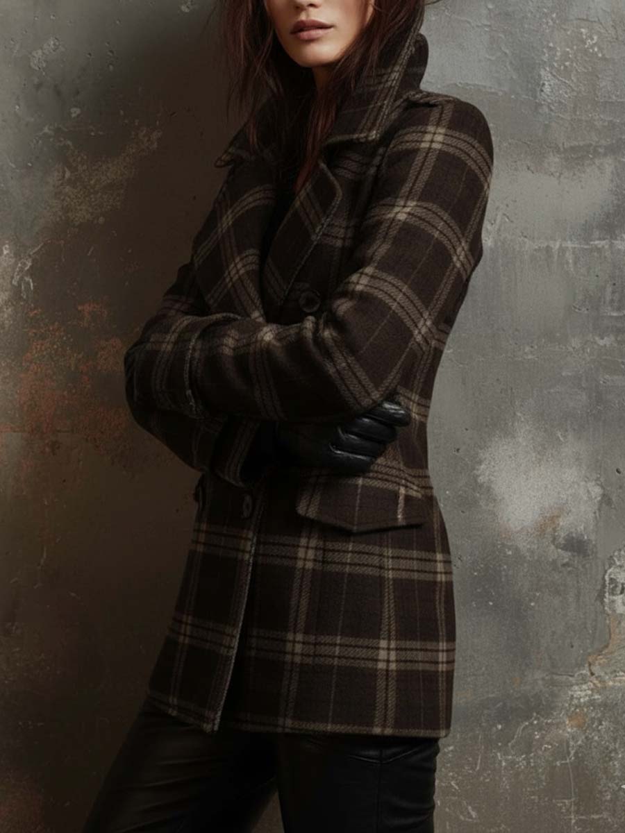 Plaid Wool-Blend Double-Breasted Short Coat