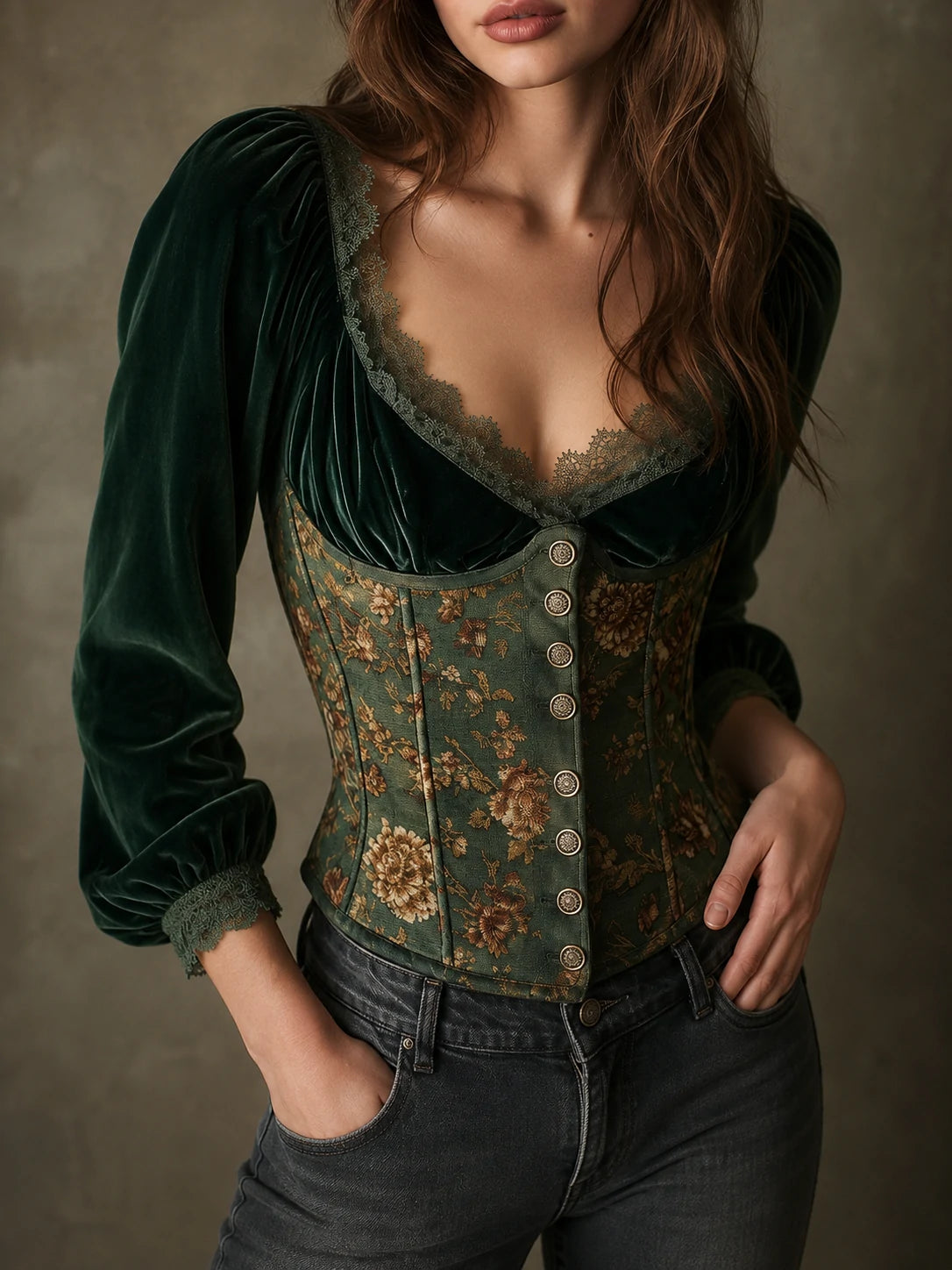 Emerald Green Velvet & Floral Lace-Trimmed Corset Blouse