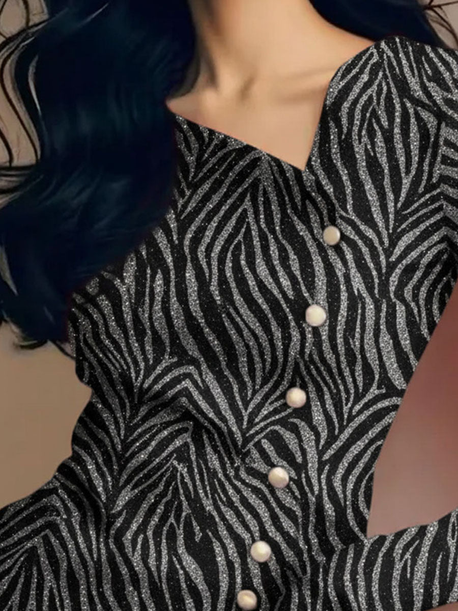 Elegant Asymmetric Button-Up Glitter Zebra Pattern Blouse