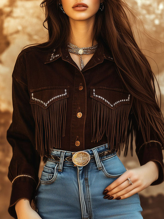 Western Dark Brown Fringe Shirt With Silver Accents