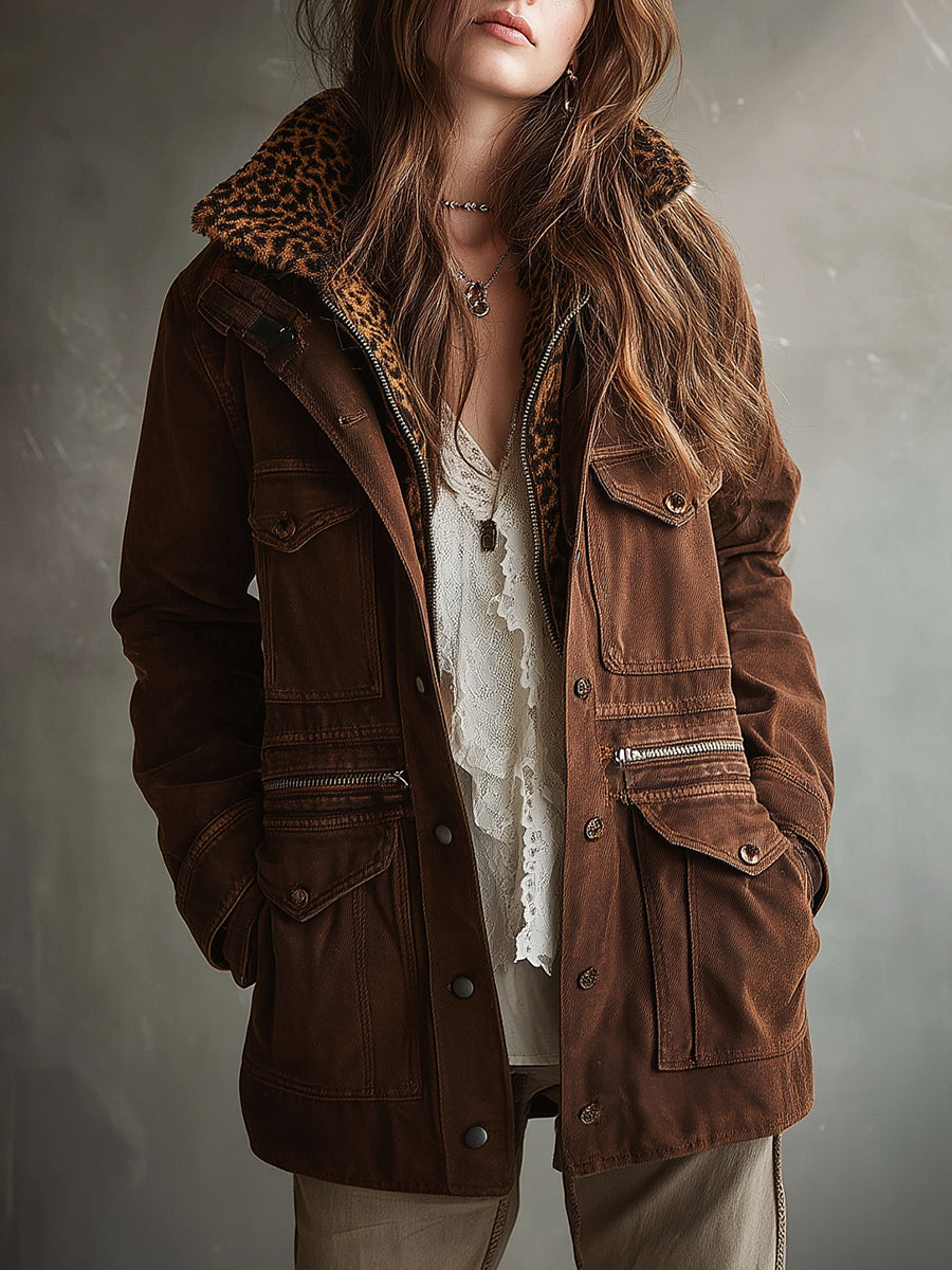 Vintage Washed Detachable Leopard Print Faux Fur Collar Denim Jacket