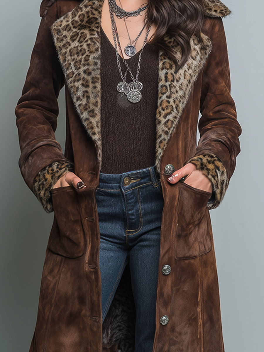 Retro Leopard Print Eco-friendly Fur Collar Polyester Suede Coat