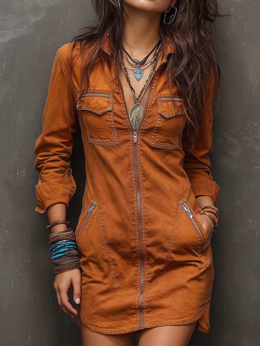 Vintage Distressed Zipper Flap Pocket Denim Mini Dress