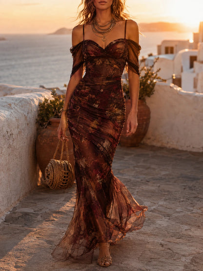 Vintage Floral Print Off-the-Shoulder Ruched Mesh Mermaid Maxi Dress