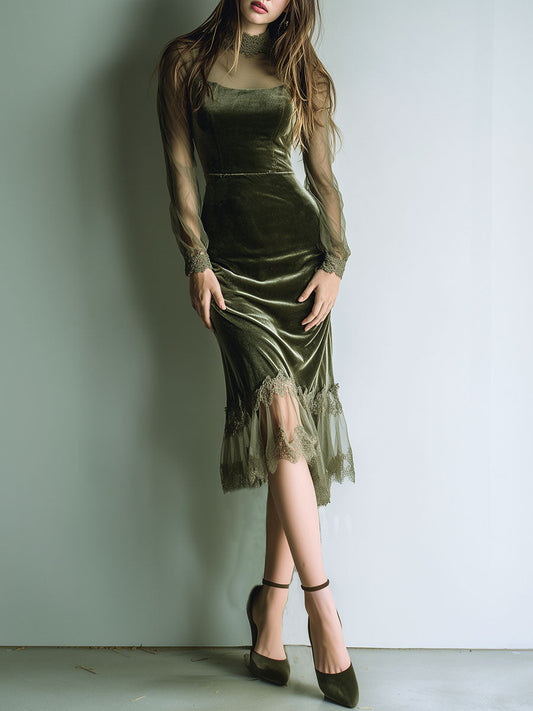 Elegant Sheer Long Sleeves Olive Velvet Midi Dress With Lace-Trim