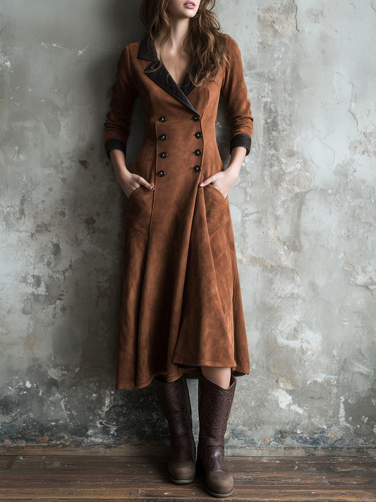 Vintage Lapel Collar Double-Breasted Eco Suede Long Coat Dress